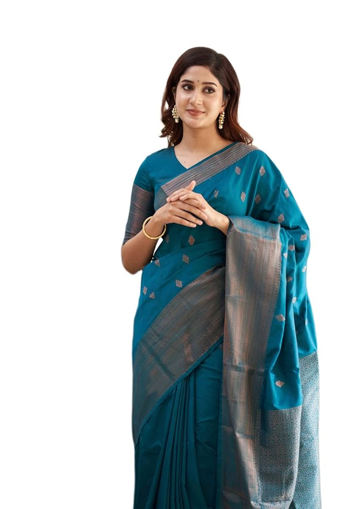 Teal silk saree with traditional motifs