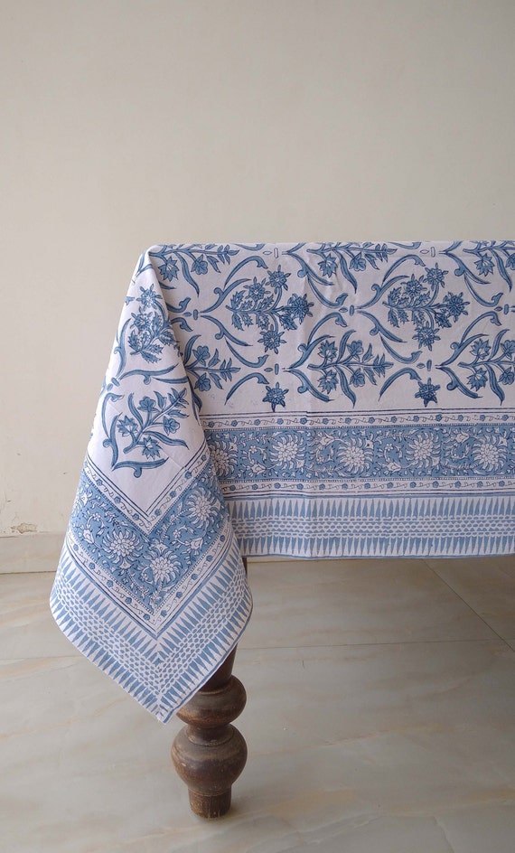 Blue white block print tablecloth